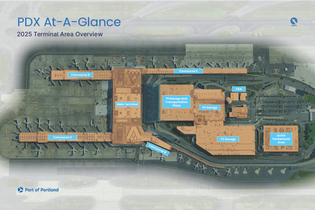 An aerial view of the airport property showing the main terminal and four concourses. Concourses D and E are to the north, and B and C are to the south. Parking garages are to the east.